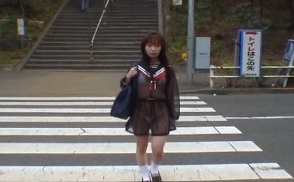 Mikan Cute Asian student flashes her way through town